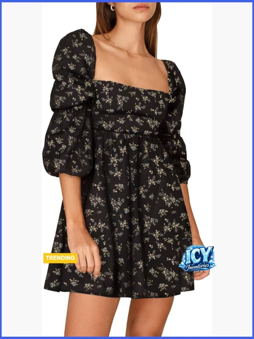 Polyester Square Neck Dress with Puff Sleeves and Smocked Back